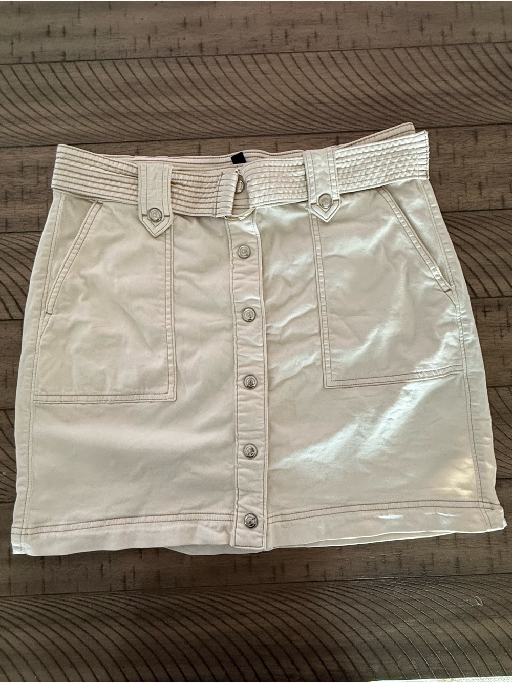 White House Black Market Cream Button-Front Mini Skirt with Woven Belt